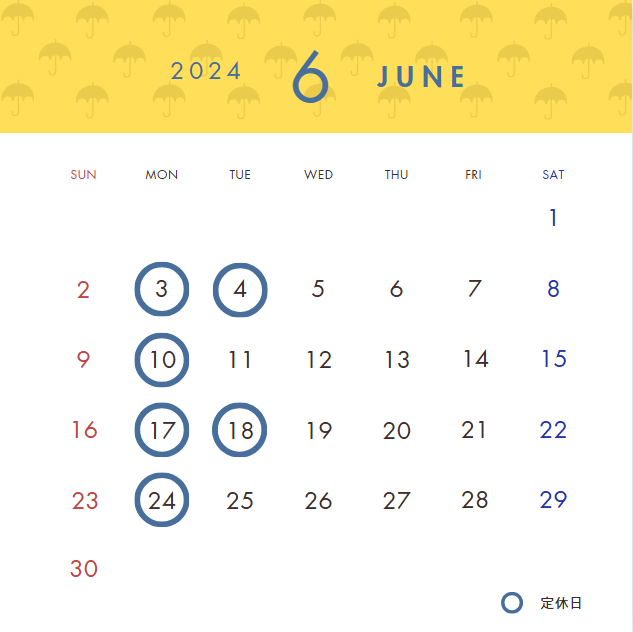6月定休日のお知らせ